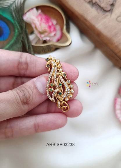 Peacock White and Green Stone Design Saree Pin