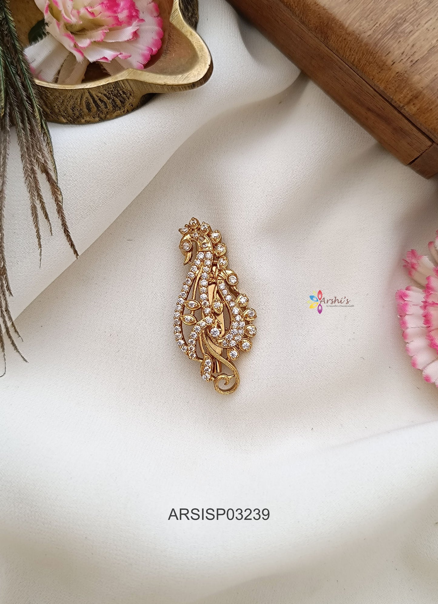 Peacock White Stone Design Saree Pin