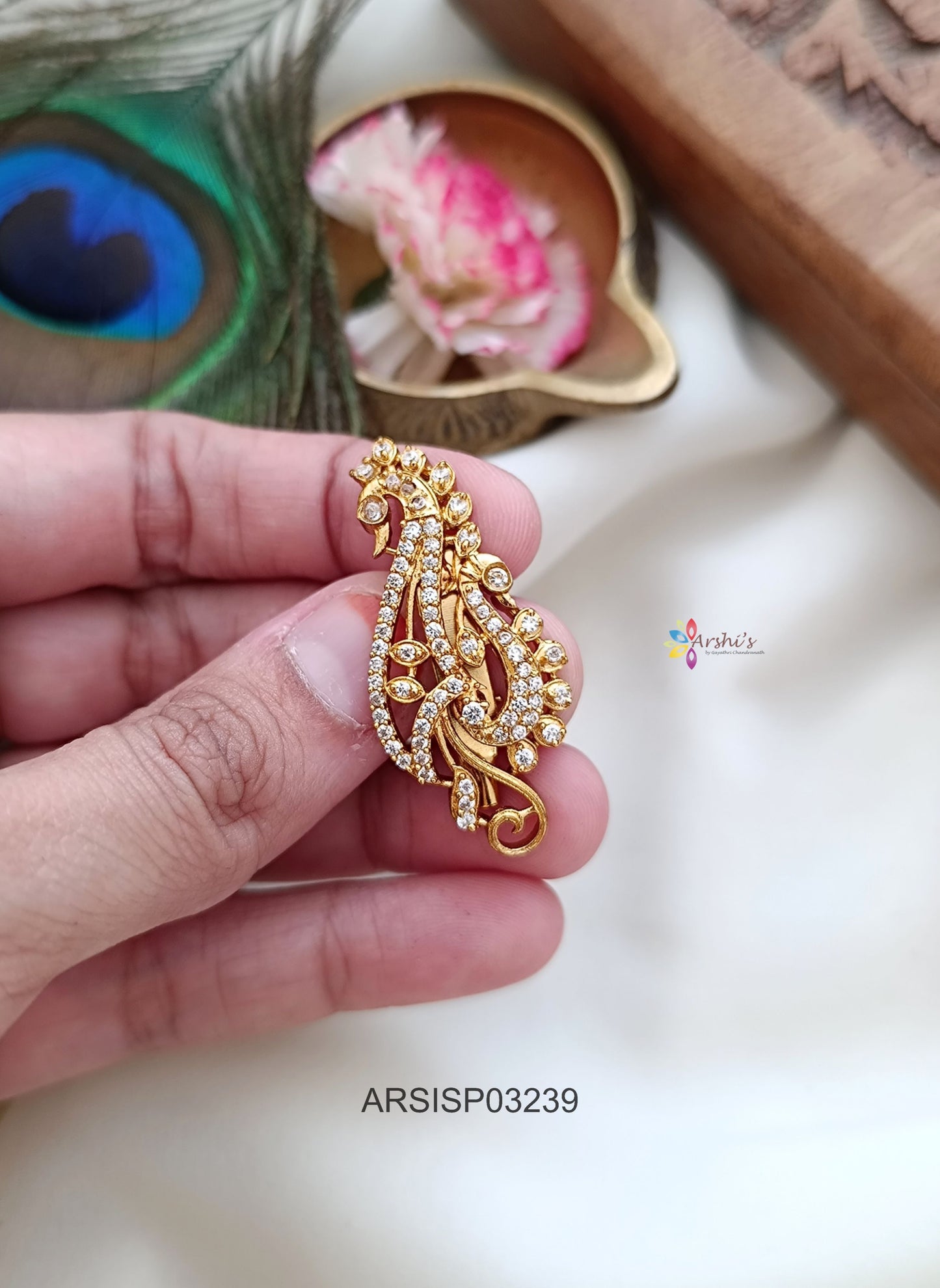 Peacock White Stone Design Saree Pin