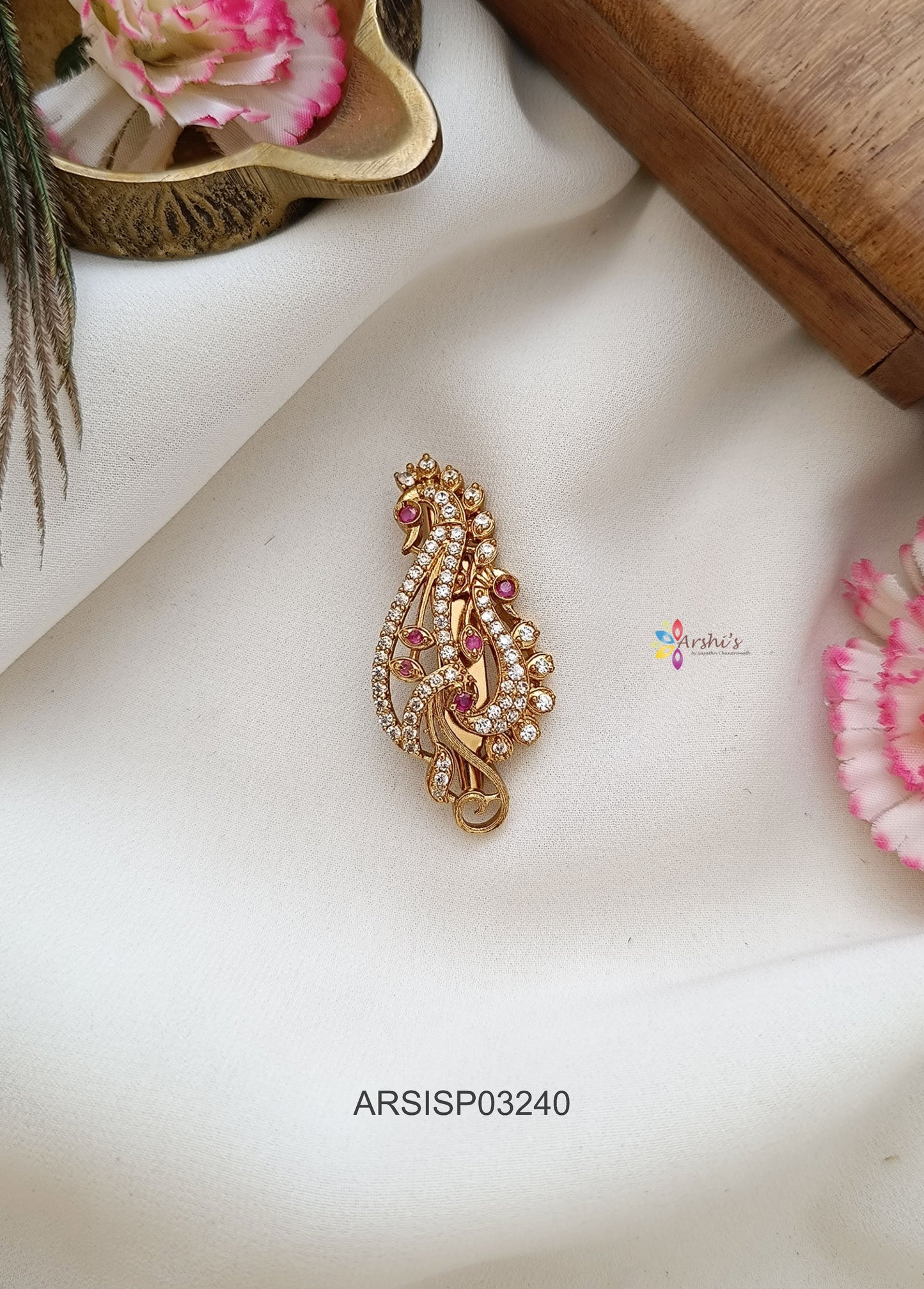 Peacock White and Red Stone Design Saree Pin