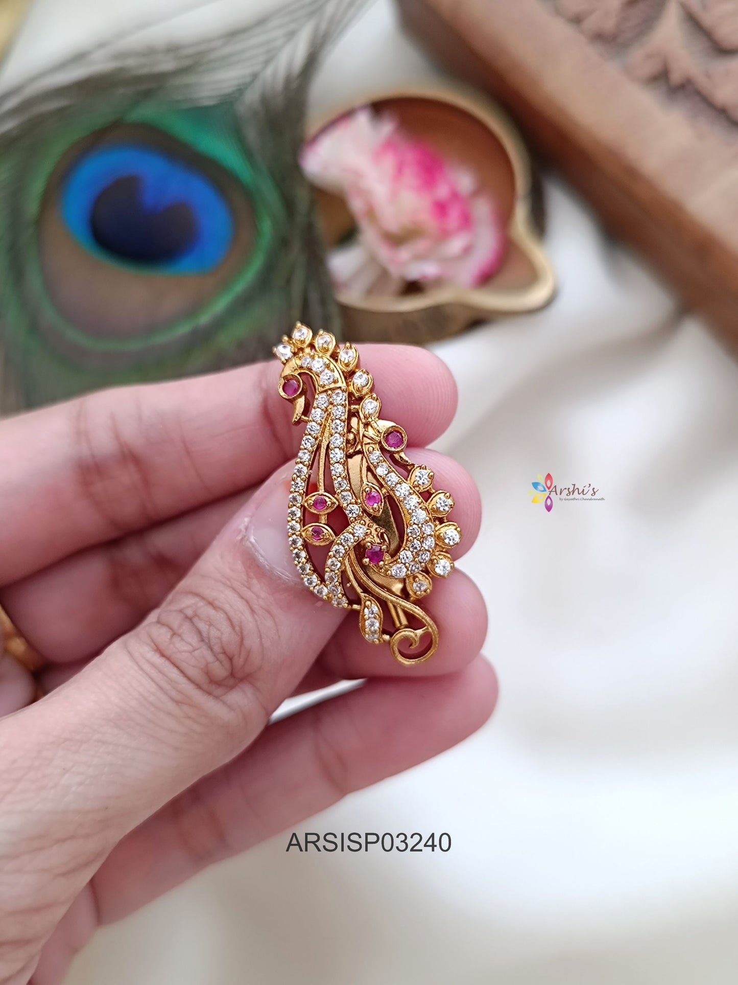 Peacock White and Red Stone Design Saree Pin