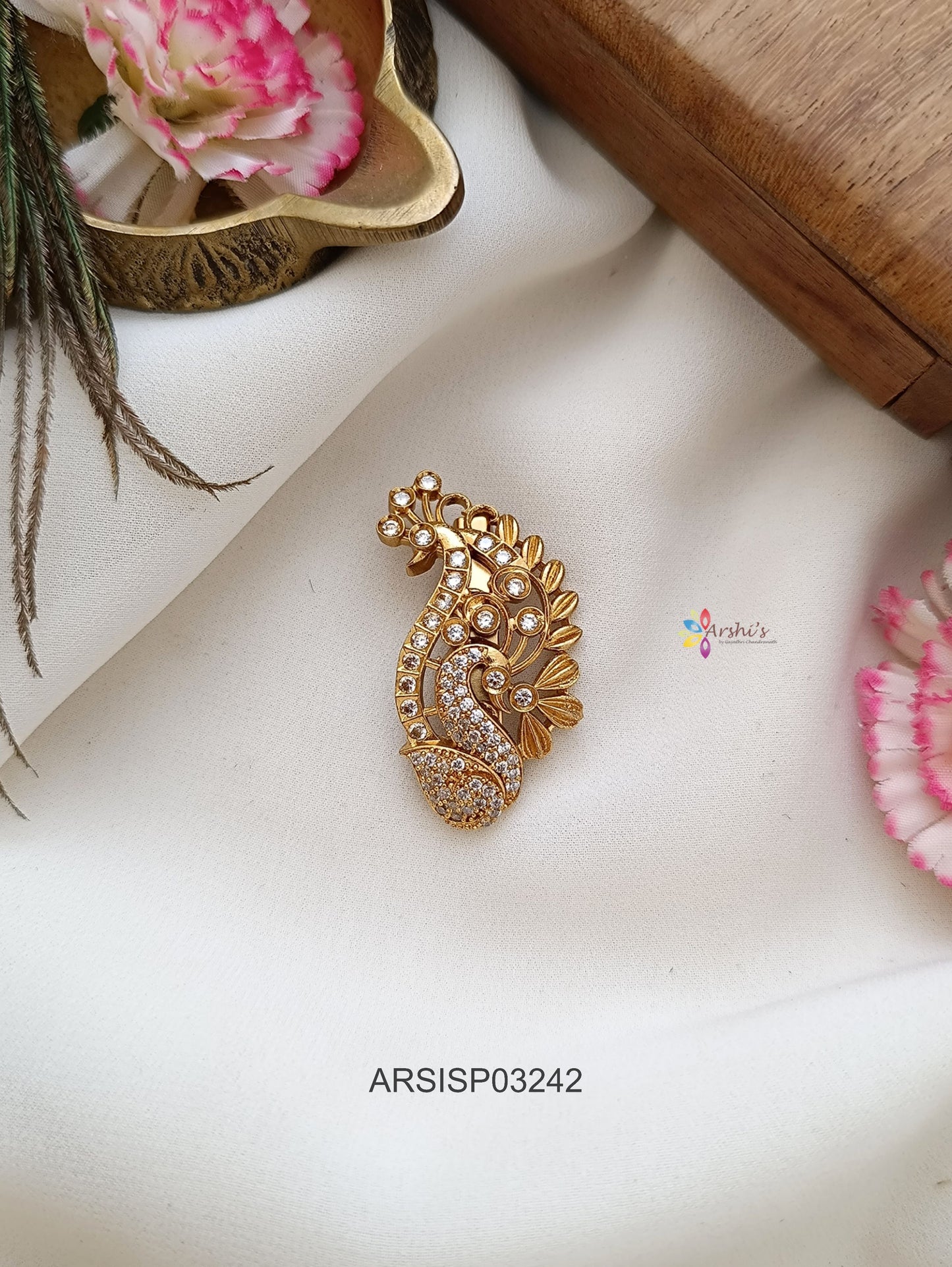 Dual Peacock White Stone Saree Pin