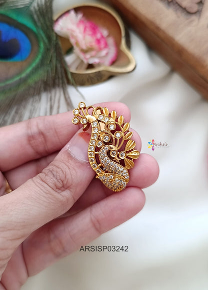 Dual Peacock White Stone Saree Pin