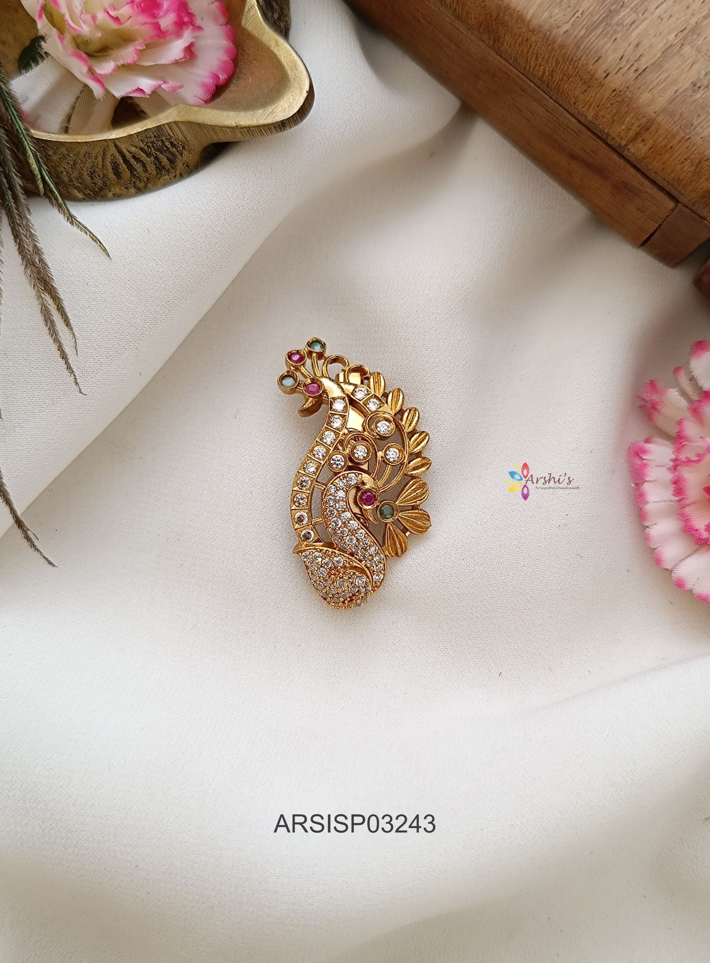 Dual Peacock Stone Saree Pin