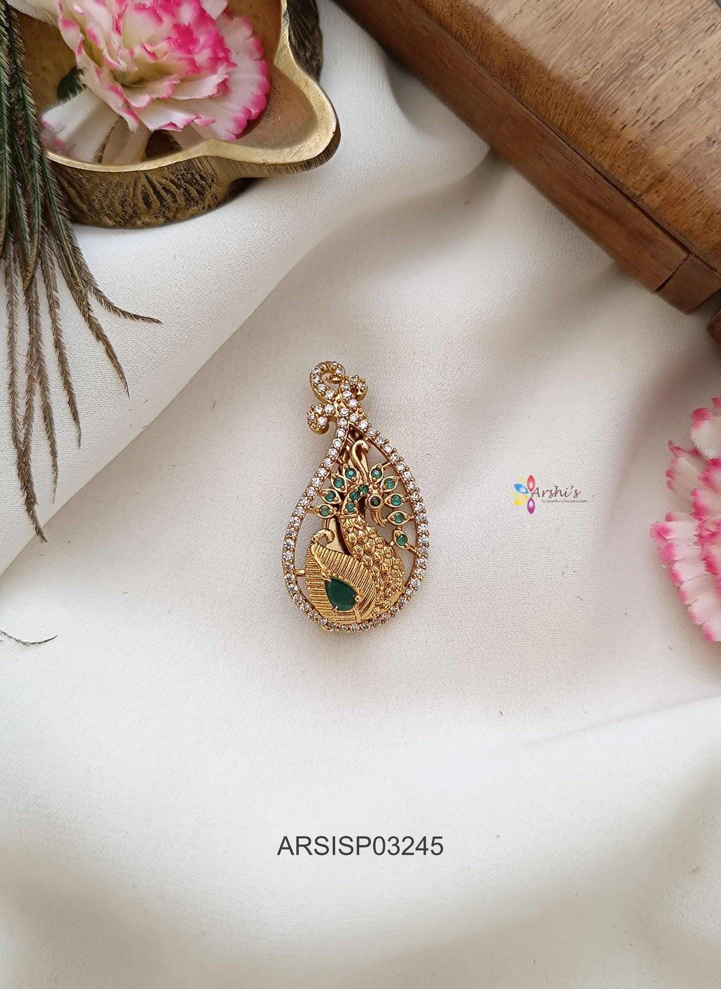 Peacock Green and White Stone Saree Pin