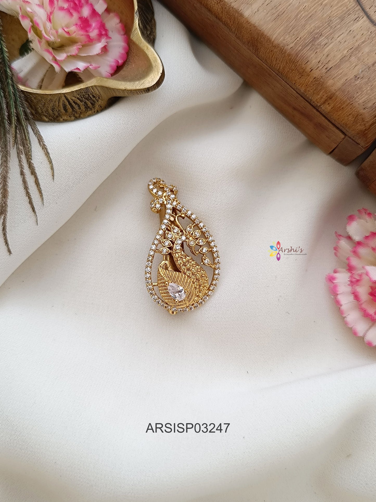 Peacock White Stone Saree Pin