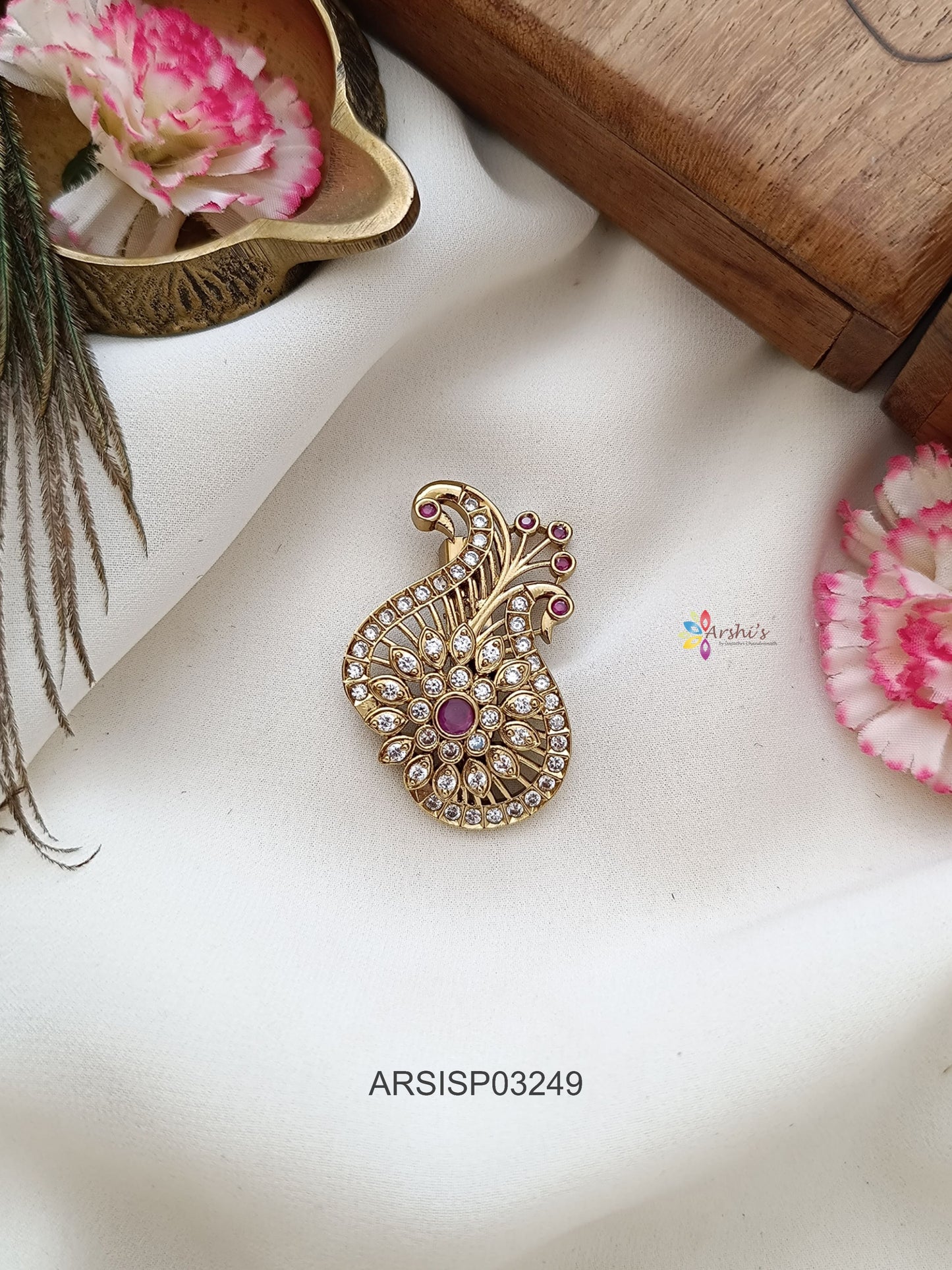 White Stone Peacock Saree Pin