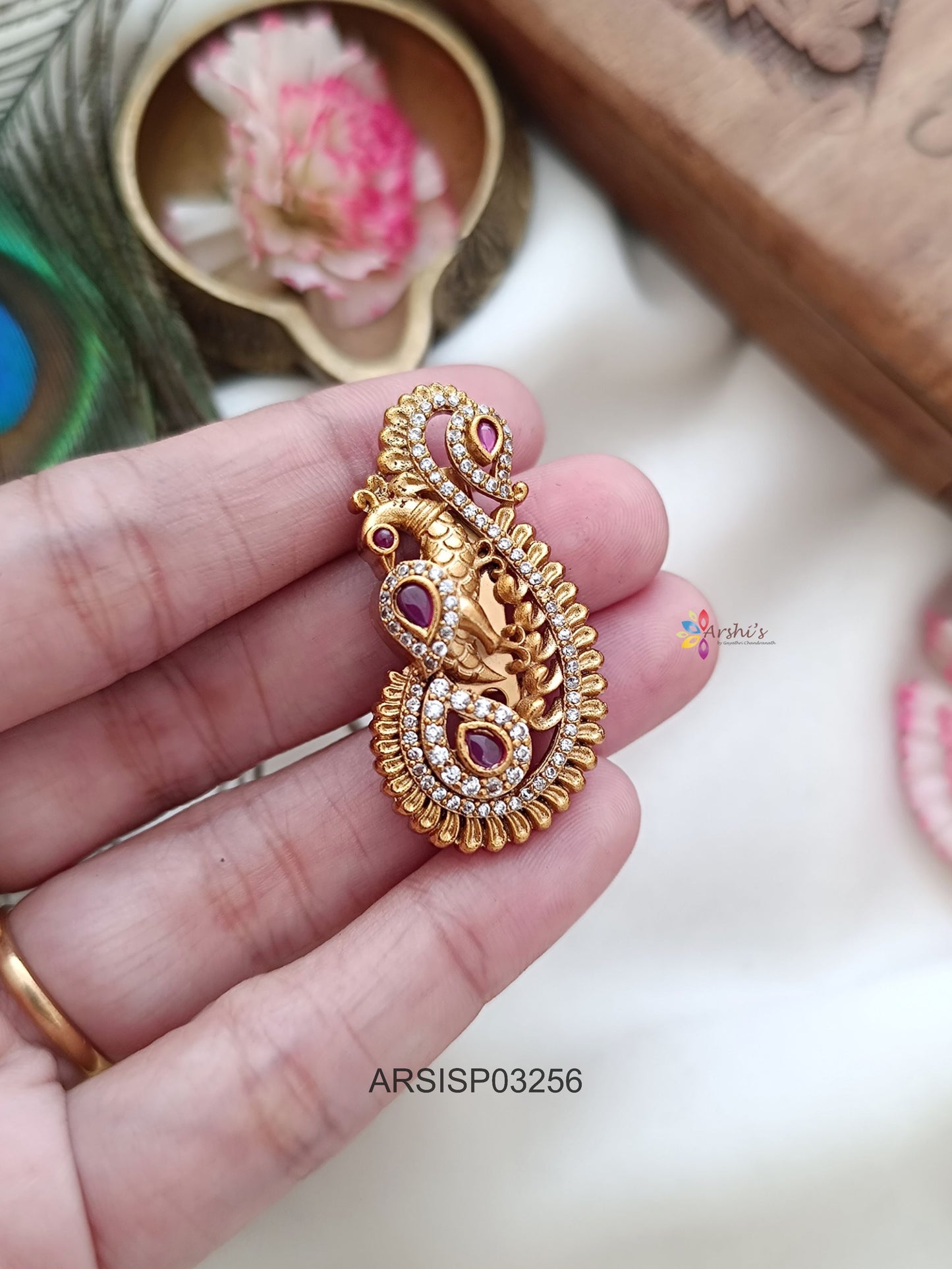 Peacock Red and White Stone Saree Pin
