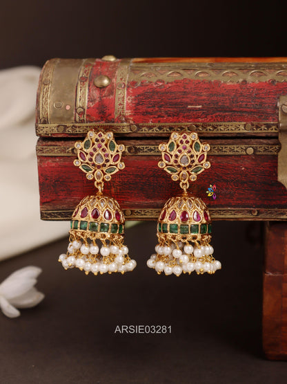 Kemp and Green Stone Pearl Drop Jhumka