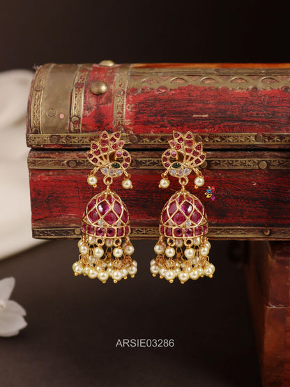 Peacock Kemp Stone Pearl Drop Jhumka