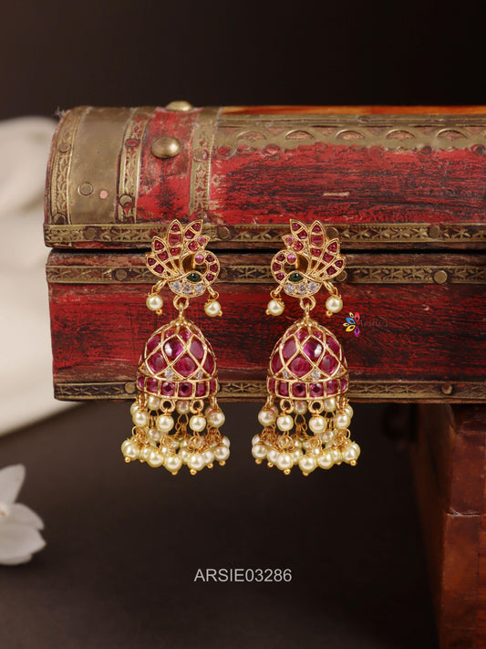 Peacock Kemp Stone Pearl Drop Jhumka