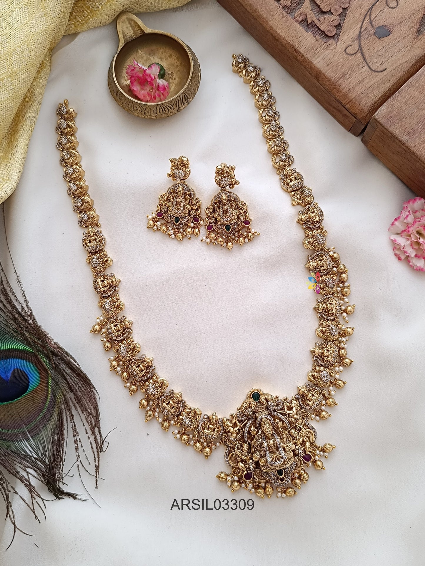 Temple Lakshmi Gold Bead Long Haram