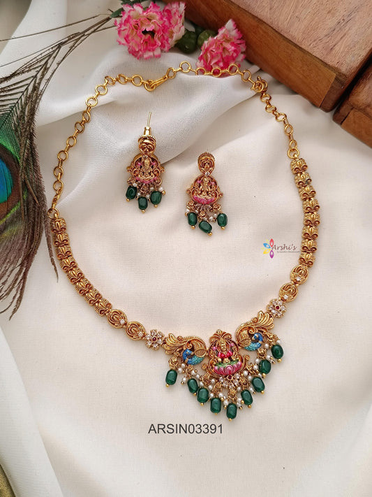 3D Enamel Lakshmi Green Bead Drops Necklace
