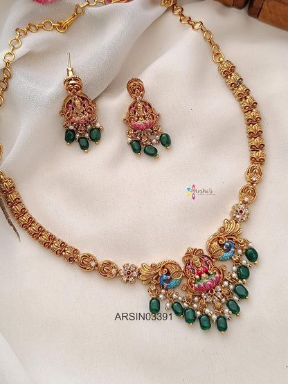 3D Enamel Lakshmi Green Bead Drops Necklace