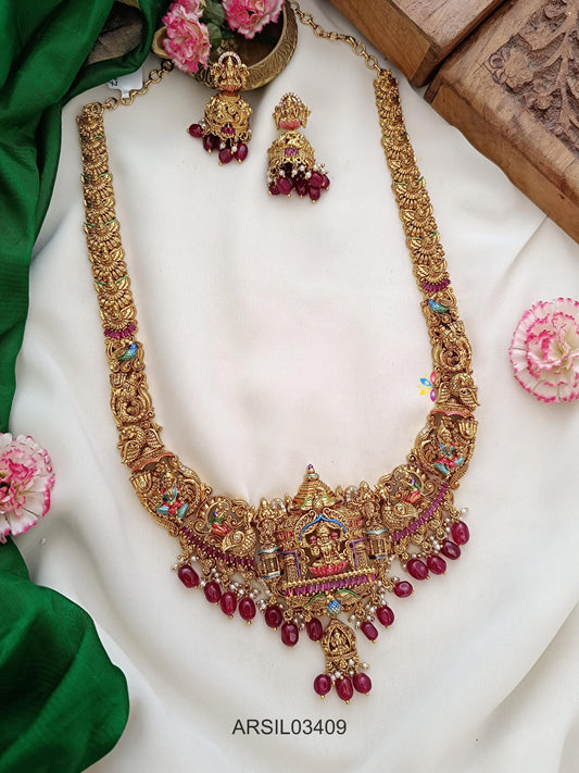 3D Enamel Lakshmi Red Bead Drop Long Haram