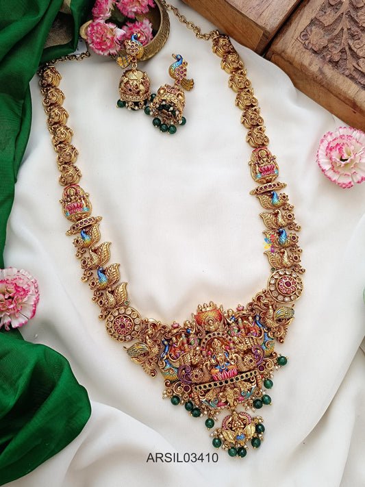 3D Enamel Lakshmi Green Bead Drop Long Haram