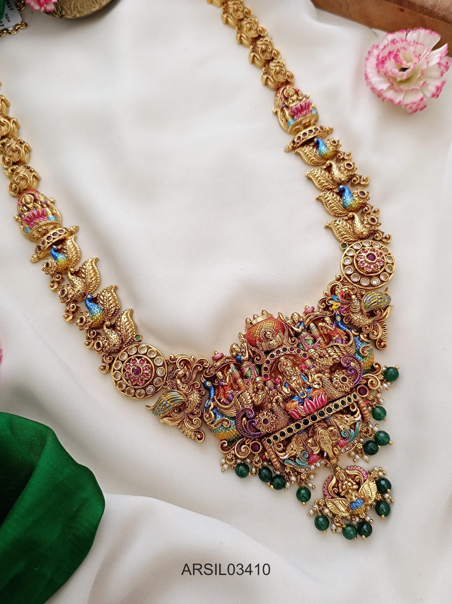 3D Enamel Lakshmi Green Bead Drop Long Haram