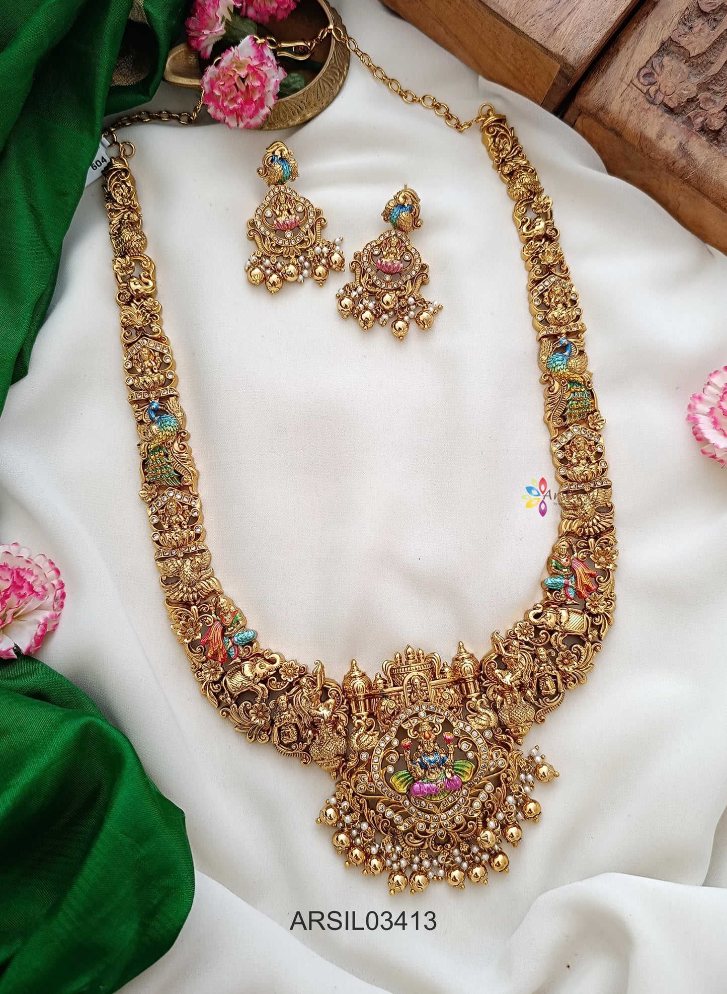 3D Enamel Lakshmi Gold Drop Long Haram
