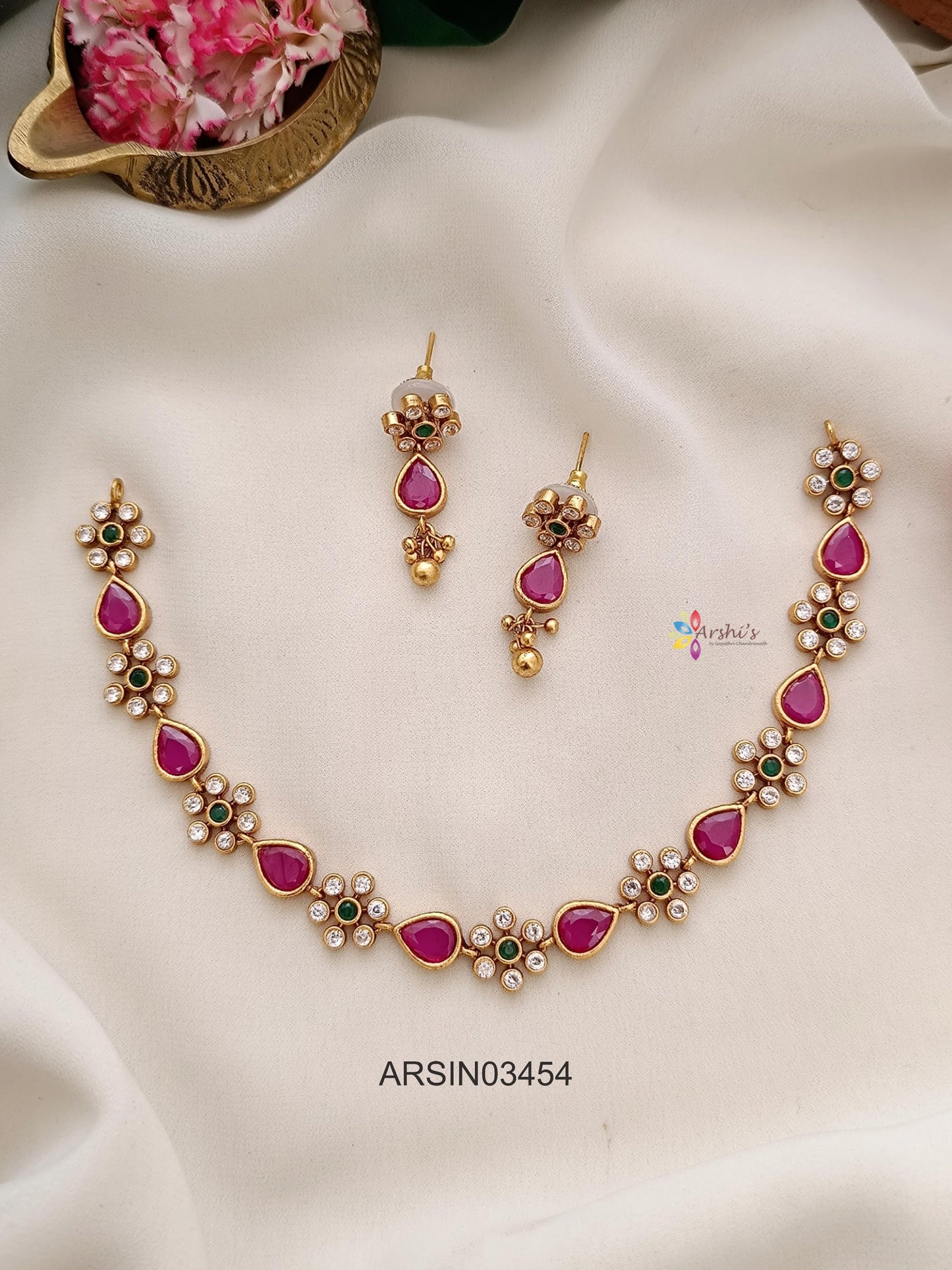 Simple Ruby and Emerald Stone Necklace
