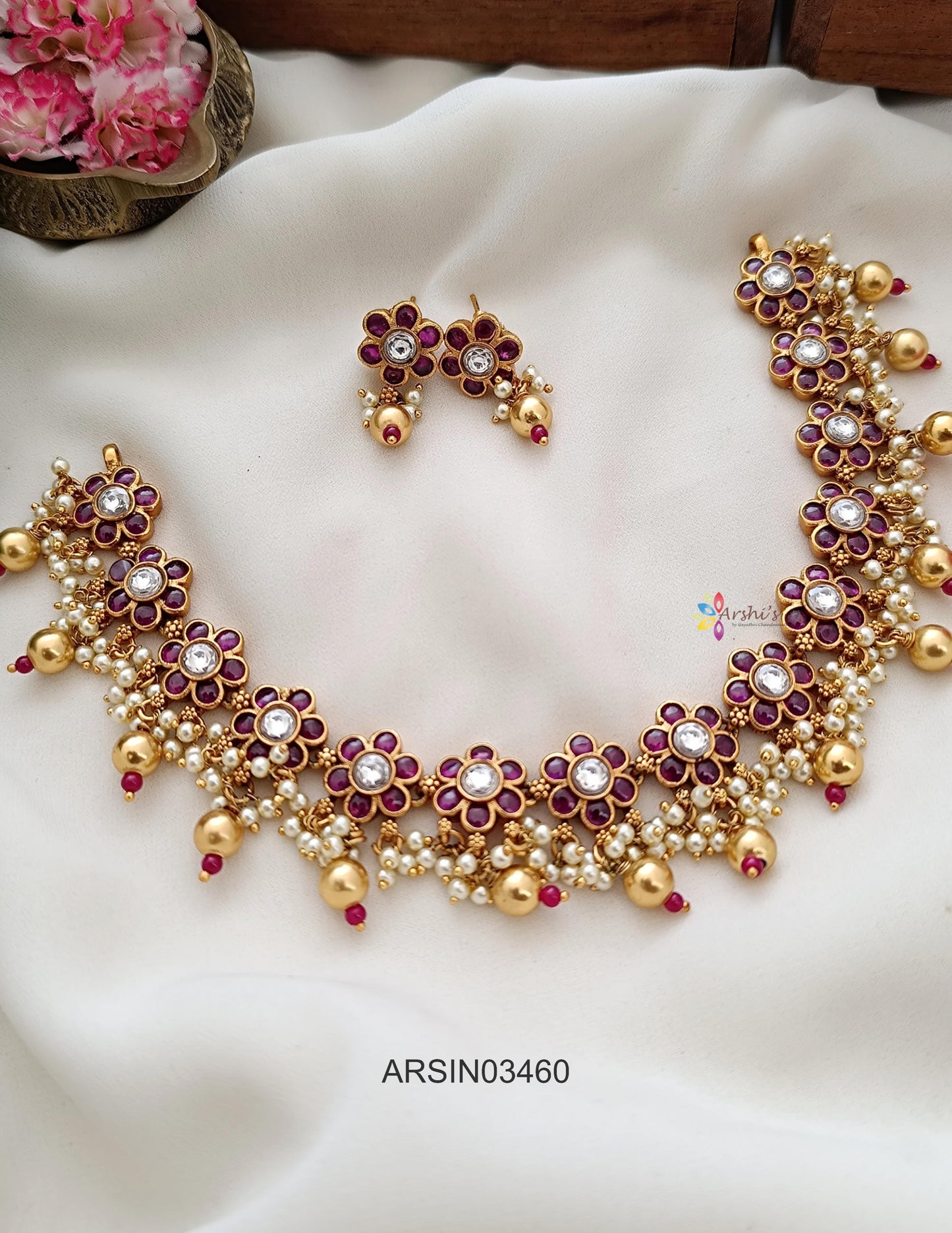 Ruby and White Stone Guttapusalu Necklace
