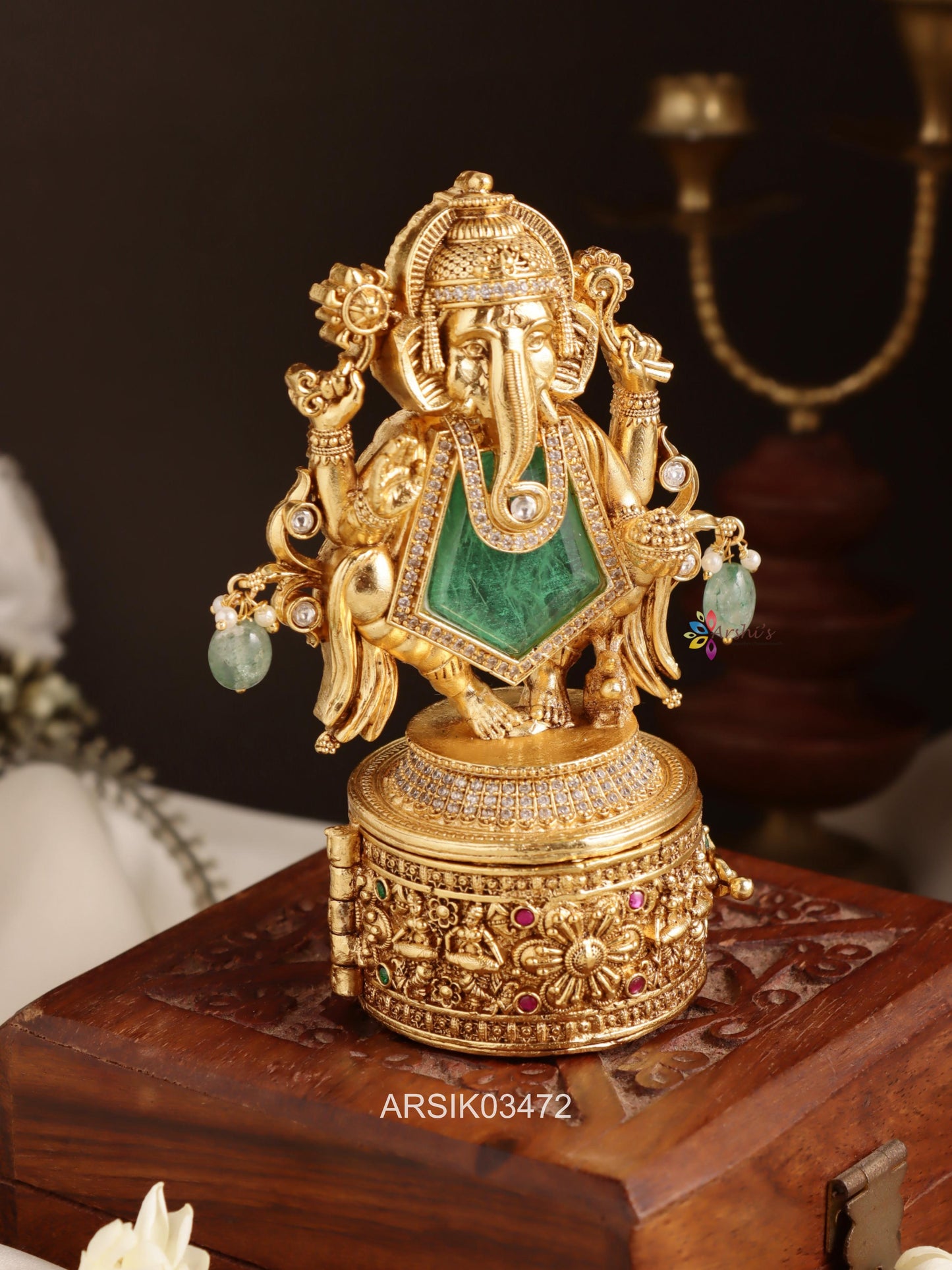 Ganesha Emerald Stone Kumkum Box