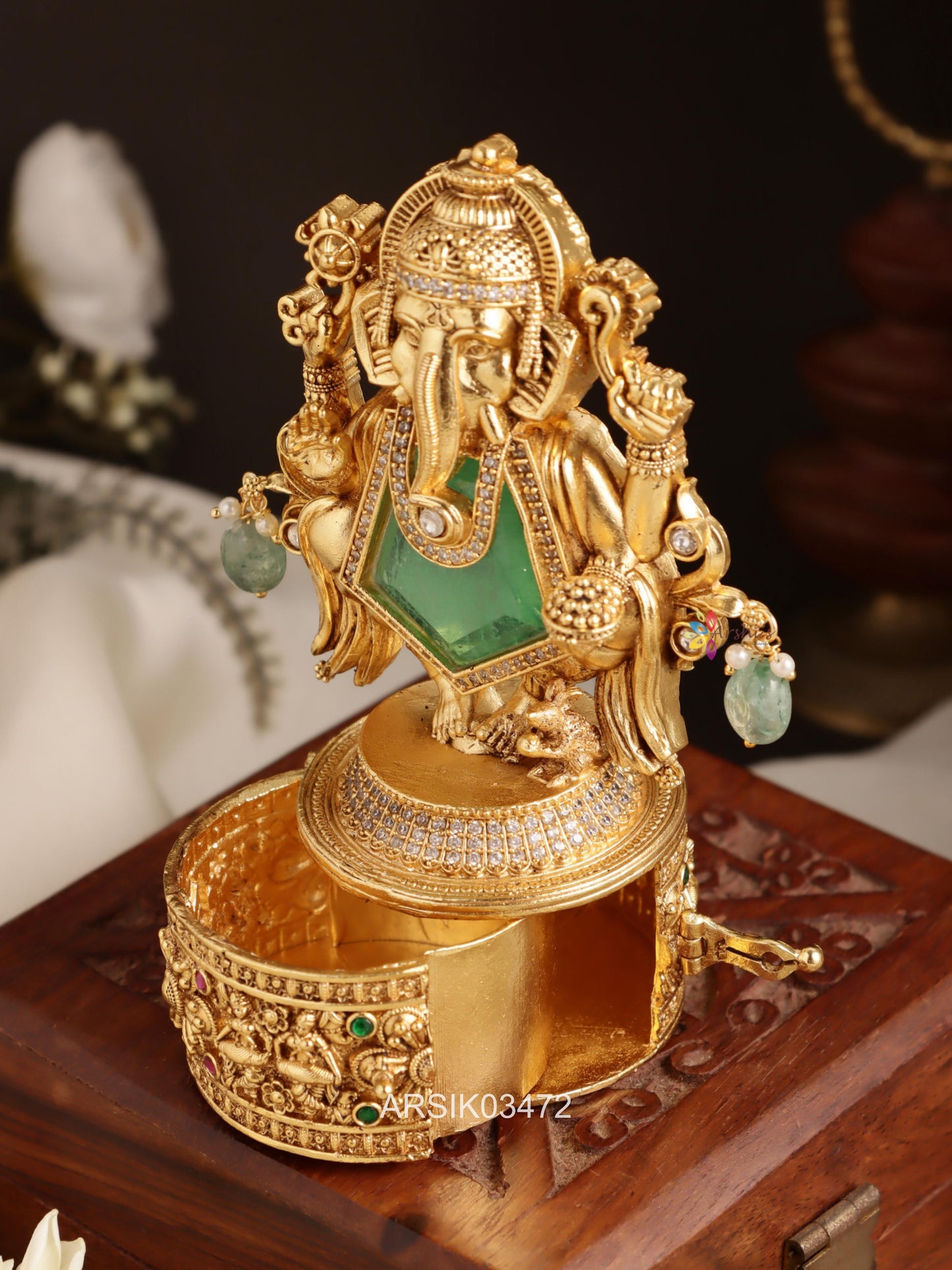 Ganesha Emerald Stone Kumkum Box