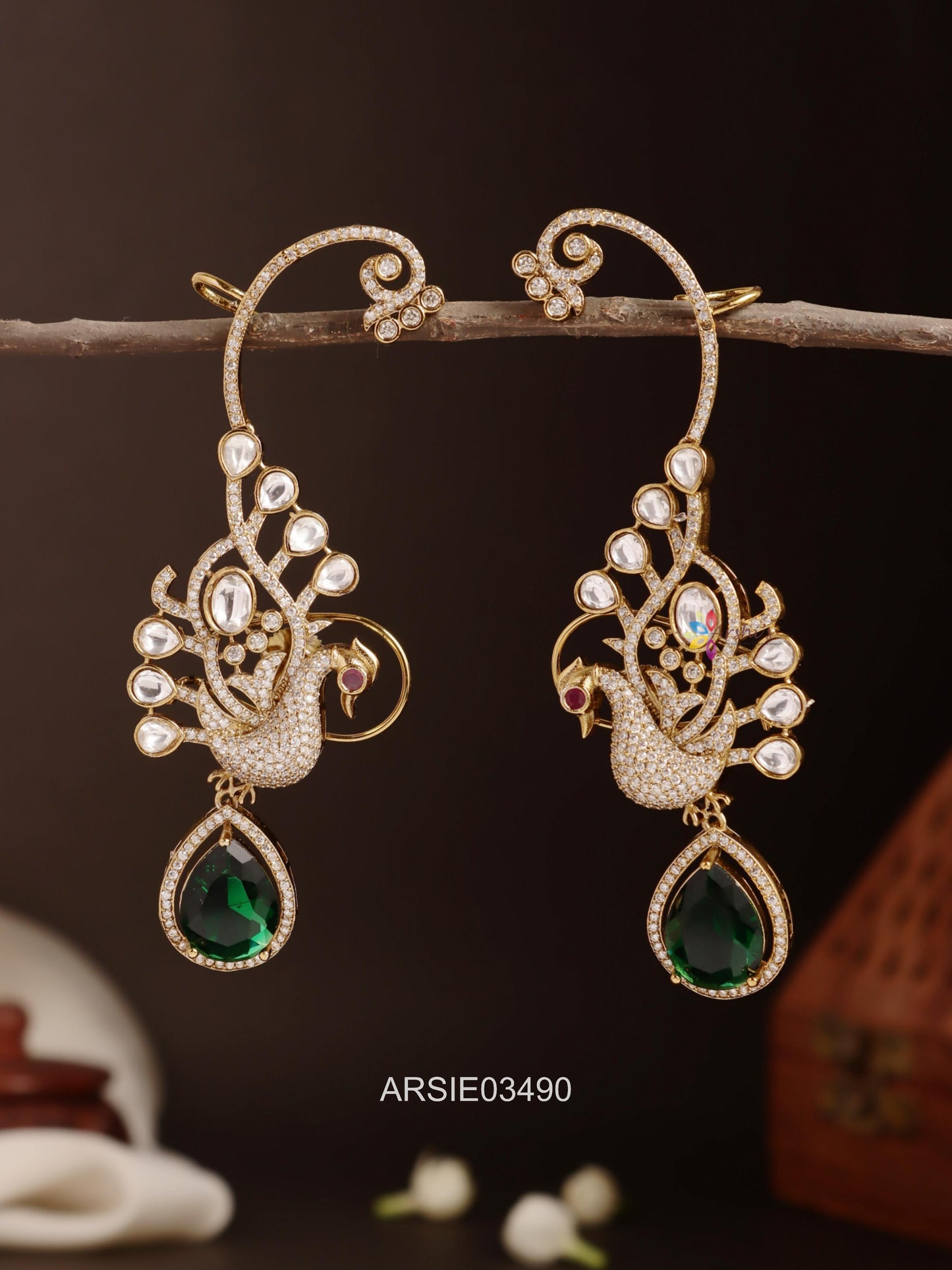 Peacock Emerald Drop Ear Cuffs