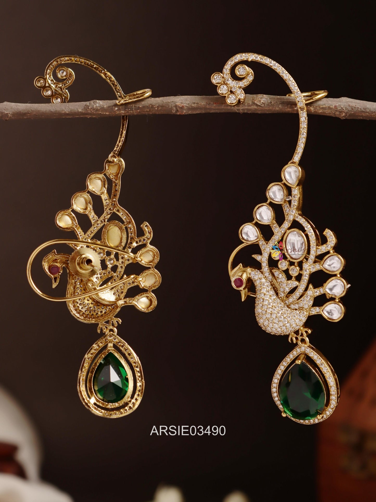 Peacock Emerald Drop Ear Cuffs