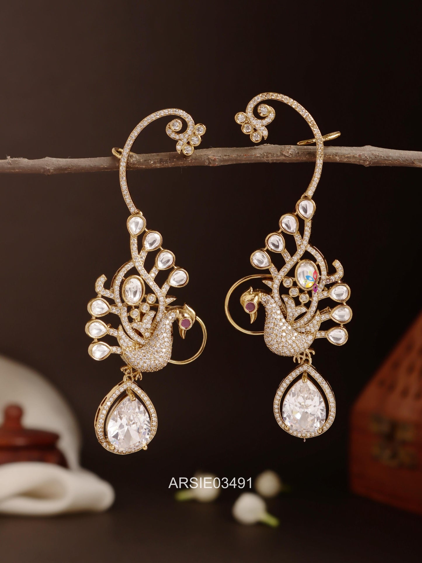 Peacock White Drop Ear Cuffs