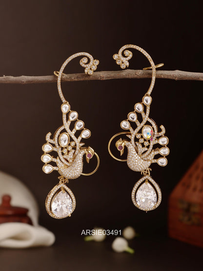 Peacock White Drop Ear Cuffs