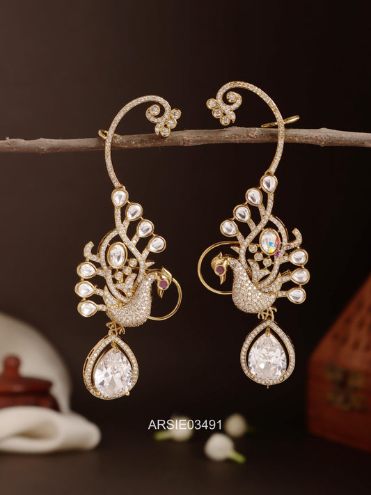 Peacock White Drop Ear Cuffs