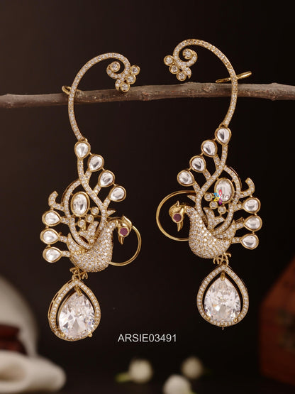 Peacock White Drop Ear Cuffs