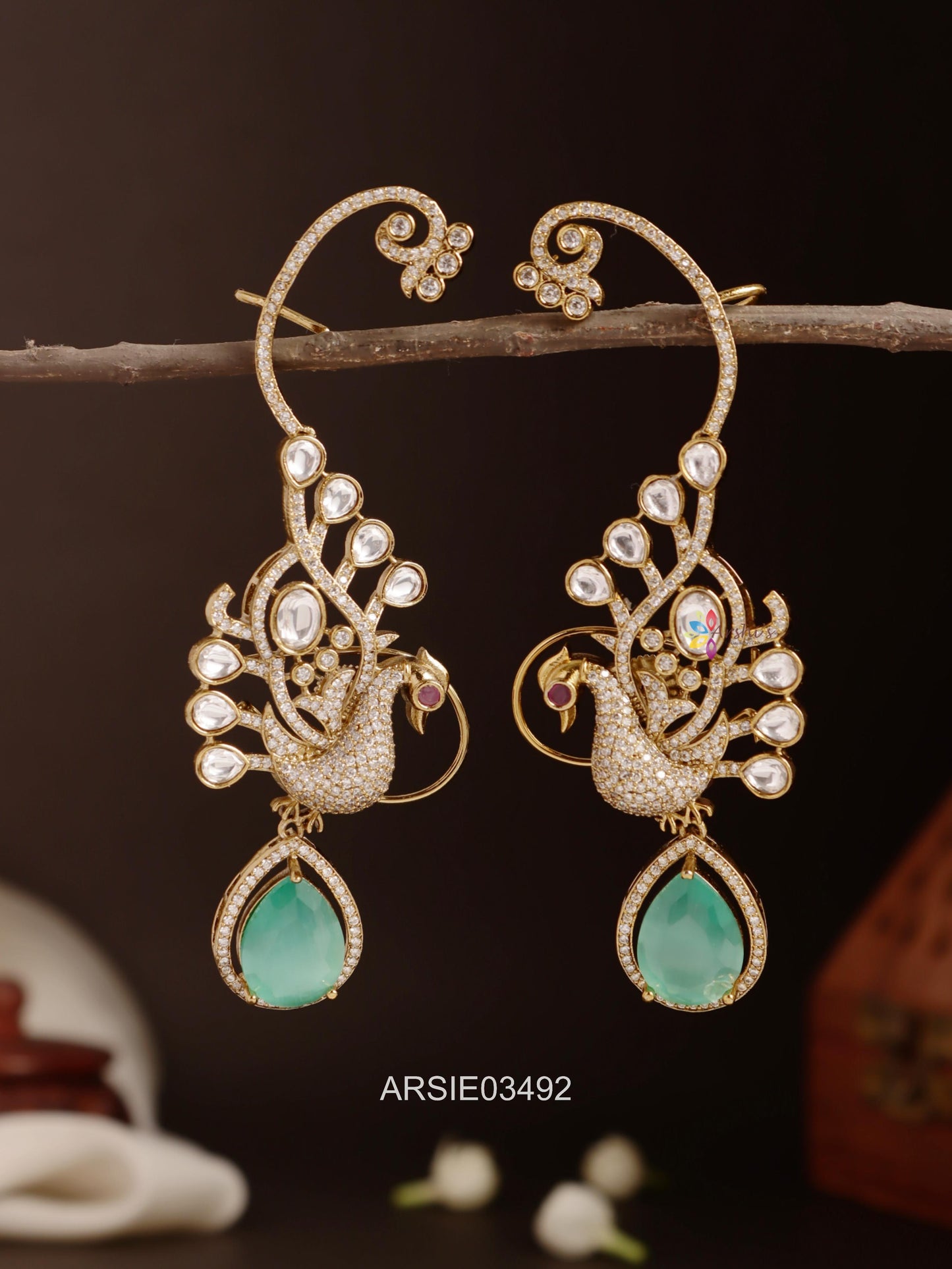 Peacock Pale Green Drop Ear Cuffs