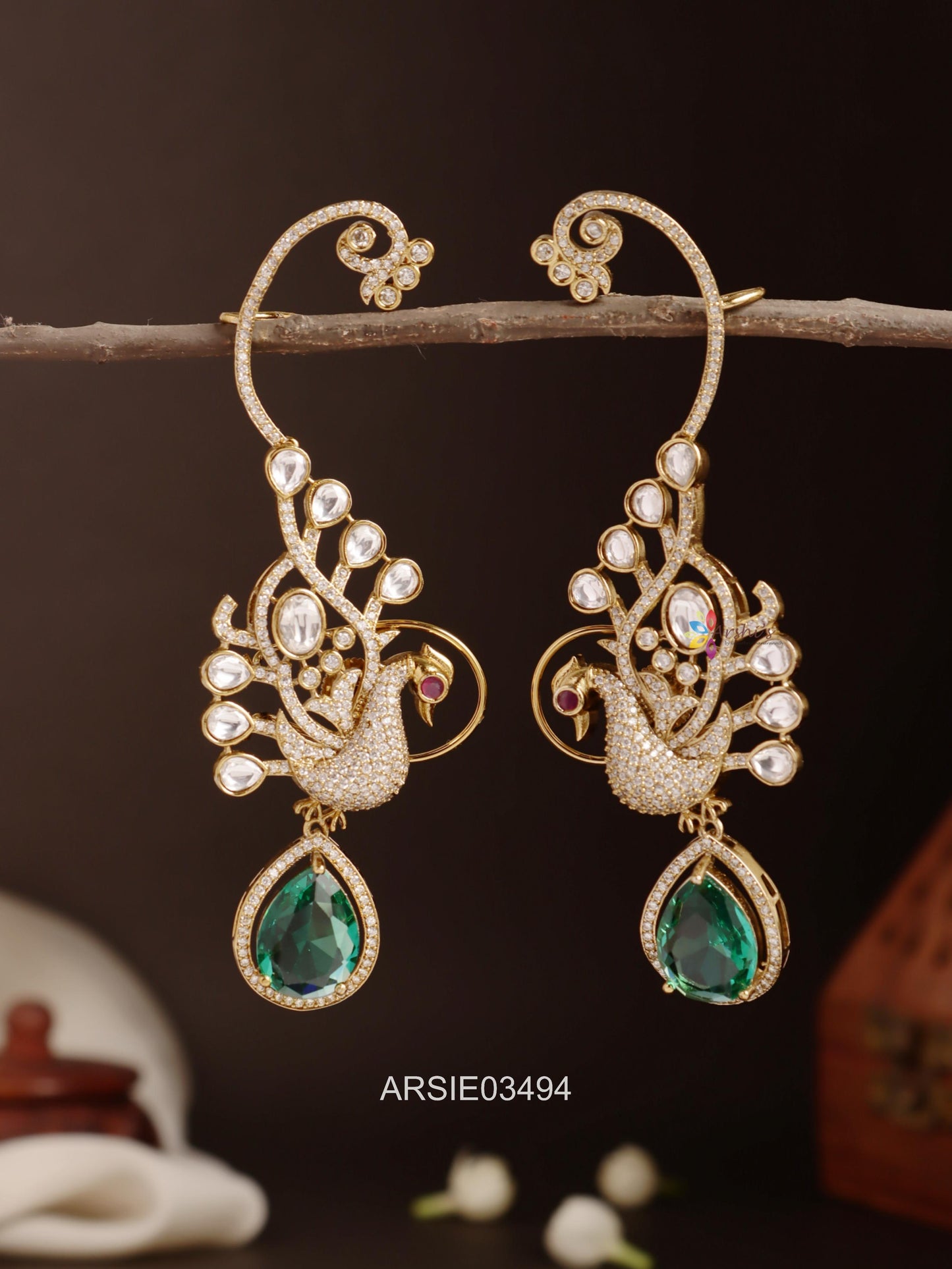 Peacock Green Drop Ear Cuffs