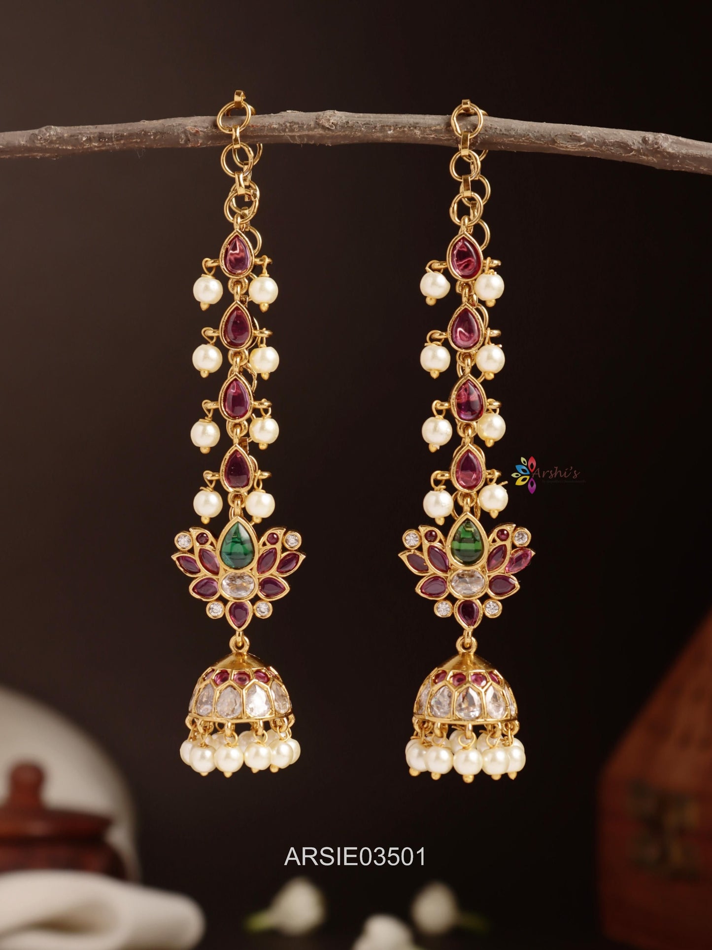 Kemp Green Stone Jhumka with Earchains