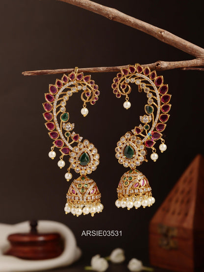 Peacock Stone Pearl Drop Earcuffs