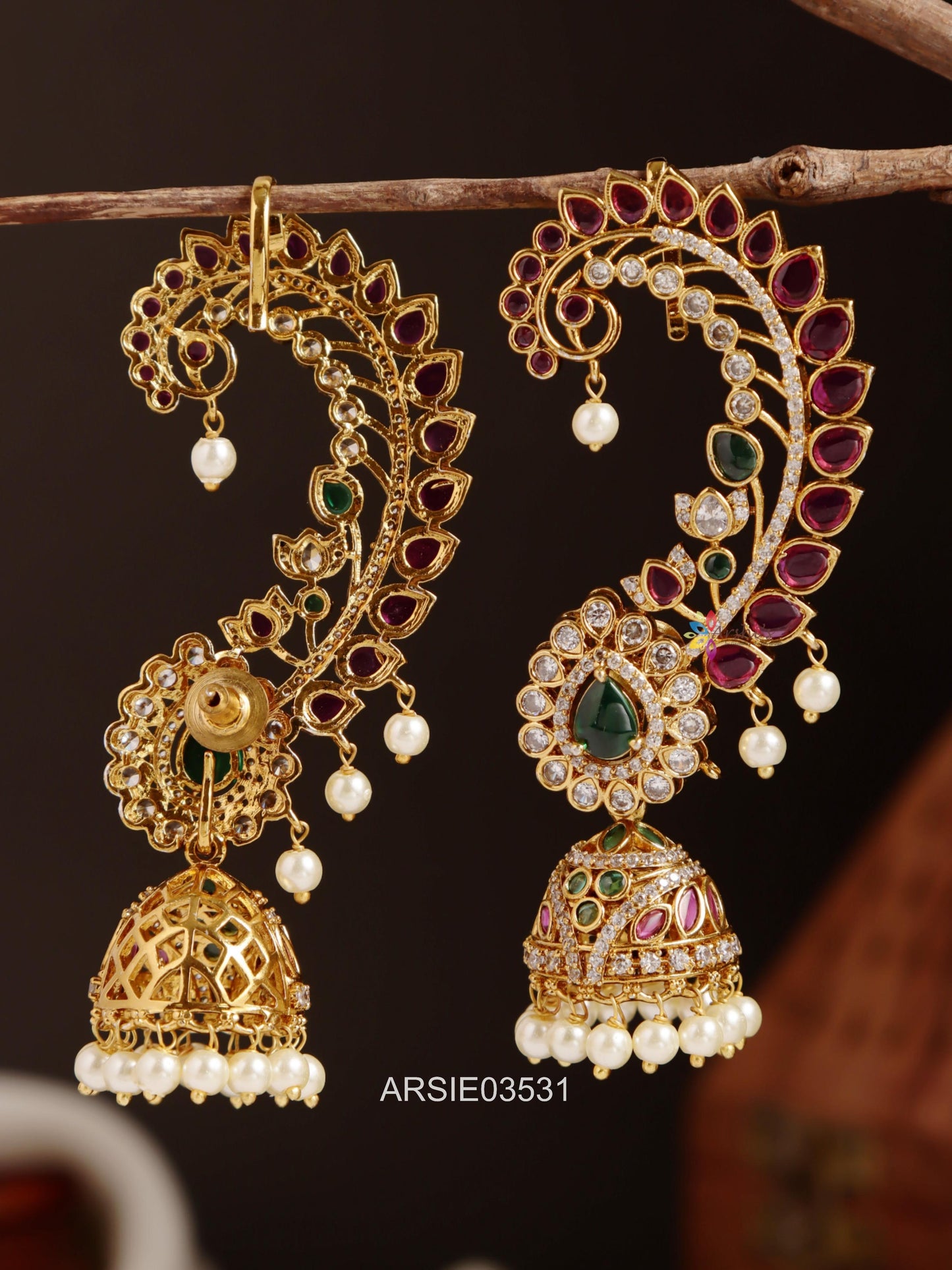 Peacock Stone Pearl Drop Earcuffs