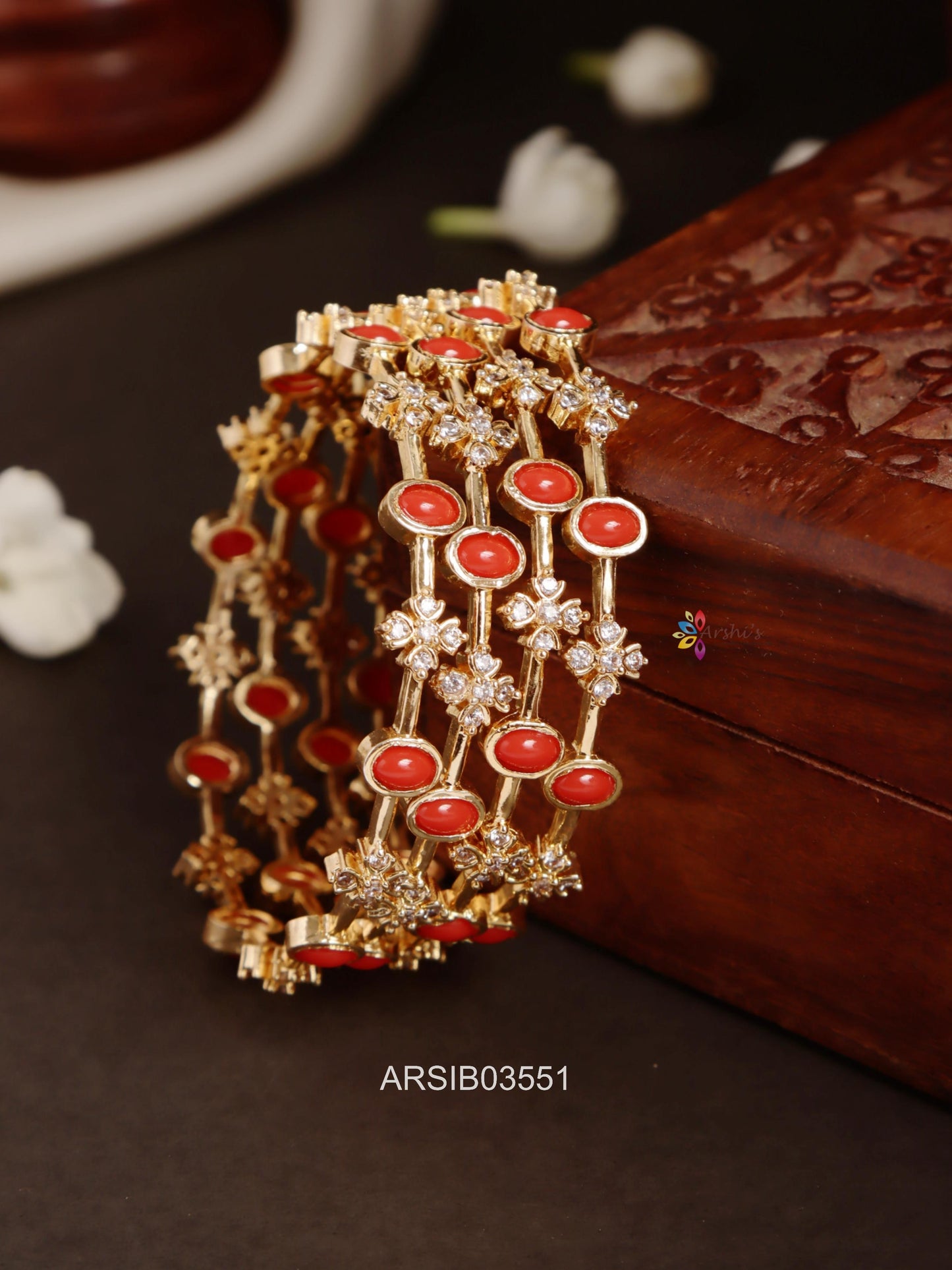 Coral and White Stone Bnagles