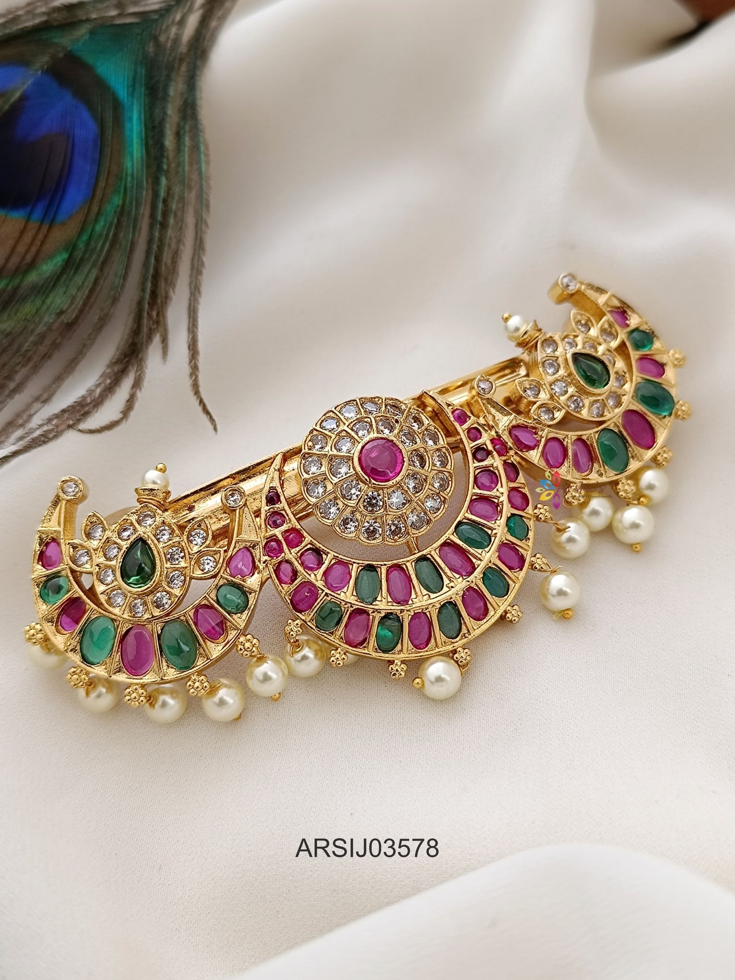 Three Half Moon Multi Stone Hair Clip