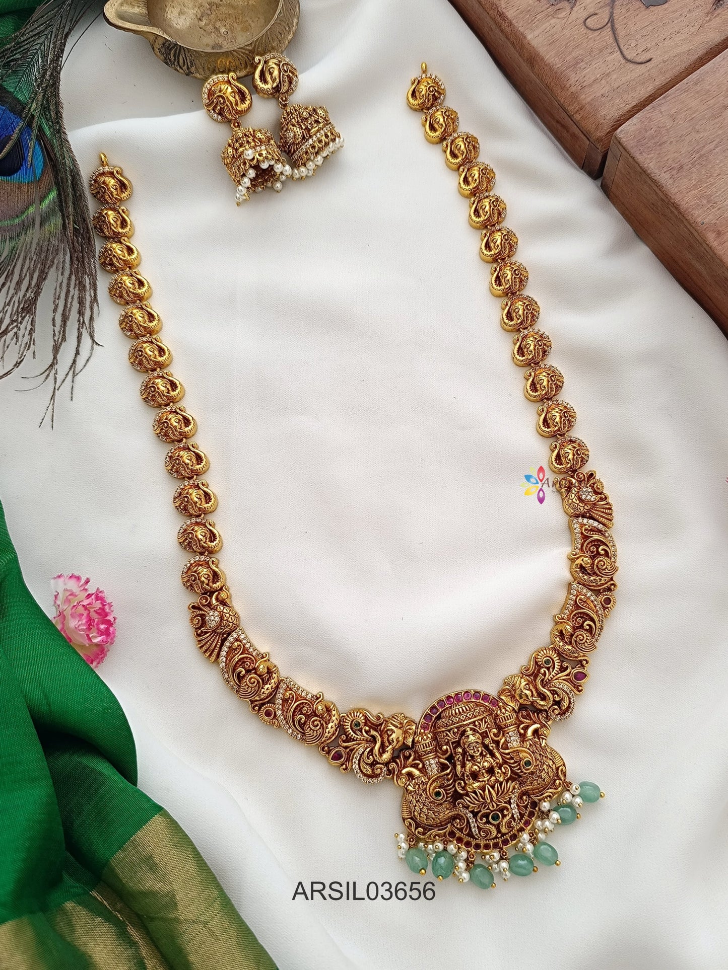 Antique Peacock Lakshmi Pendant Long Haram