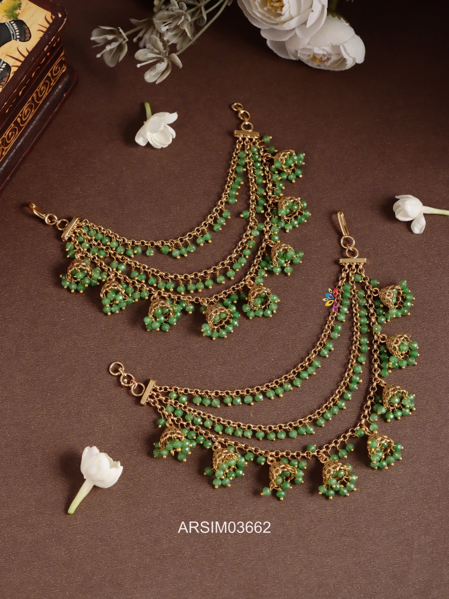 Green Bead Jhumka Earchains