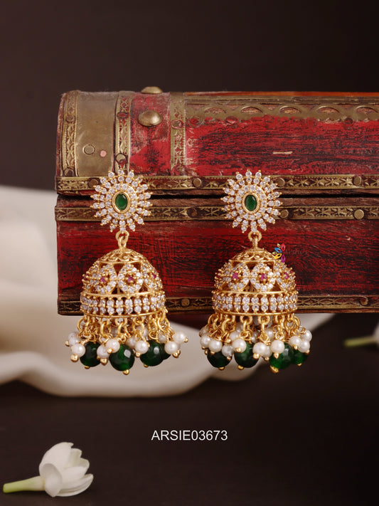 AD Stone Green Bead Jhumka