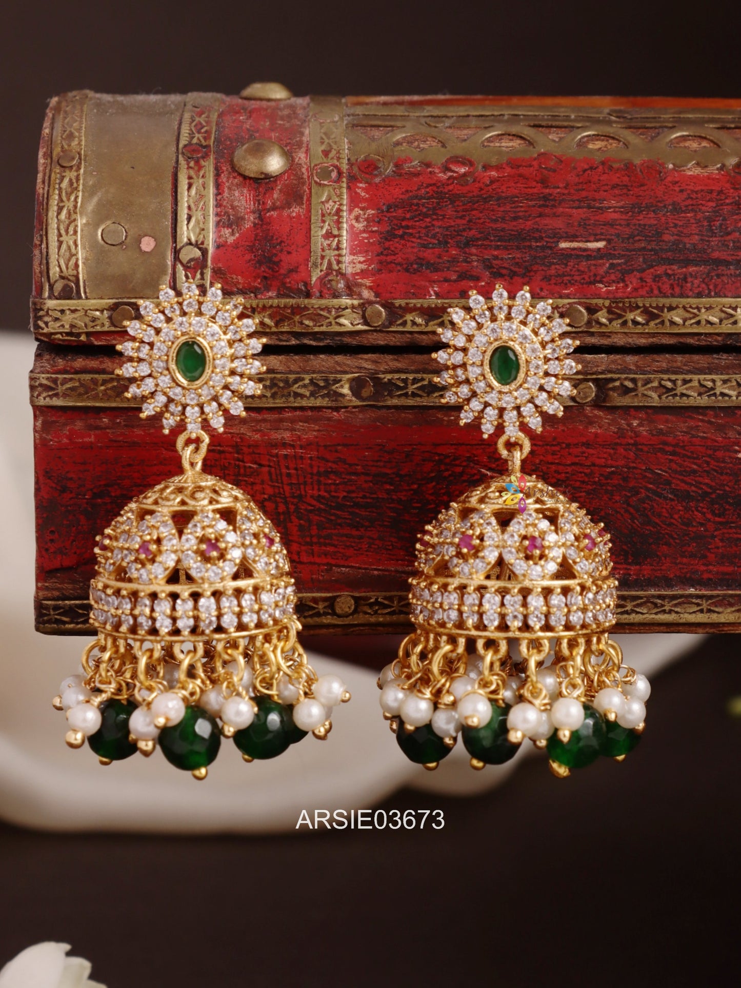 AD Stone Green Bead Jhumka