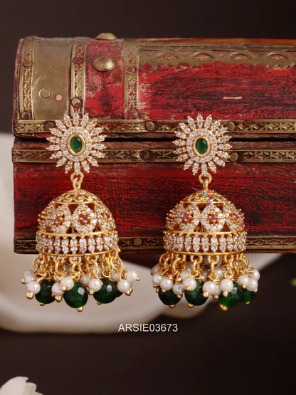 AD Stone Green Bead Jhumka