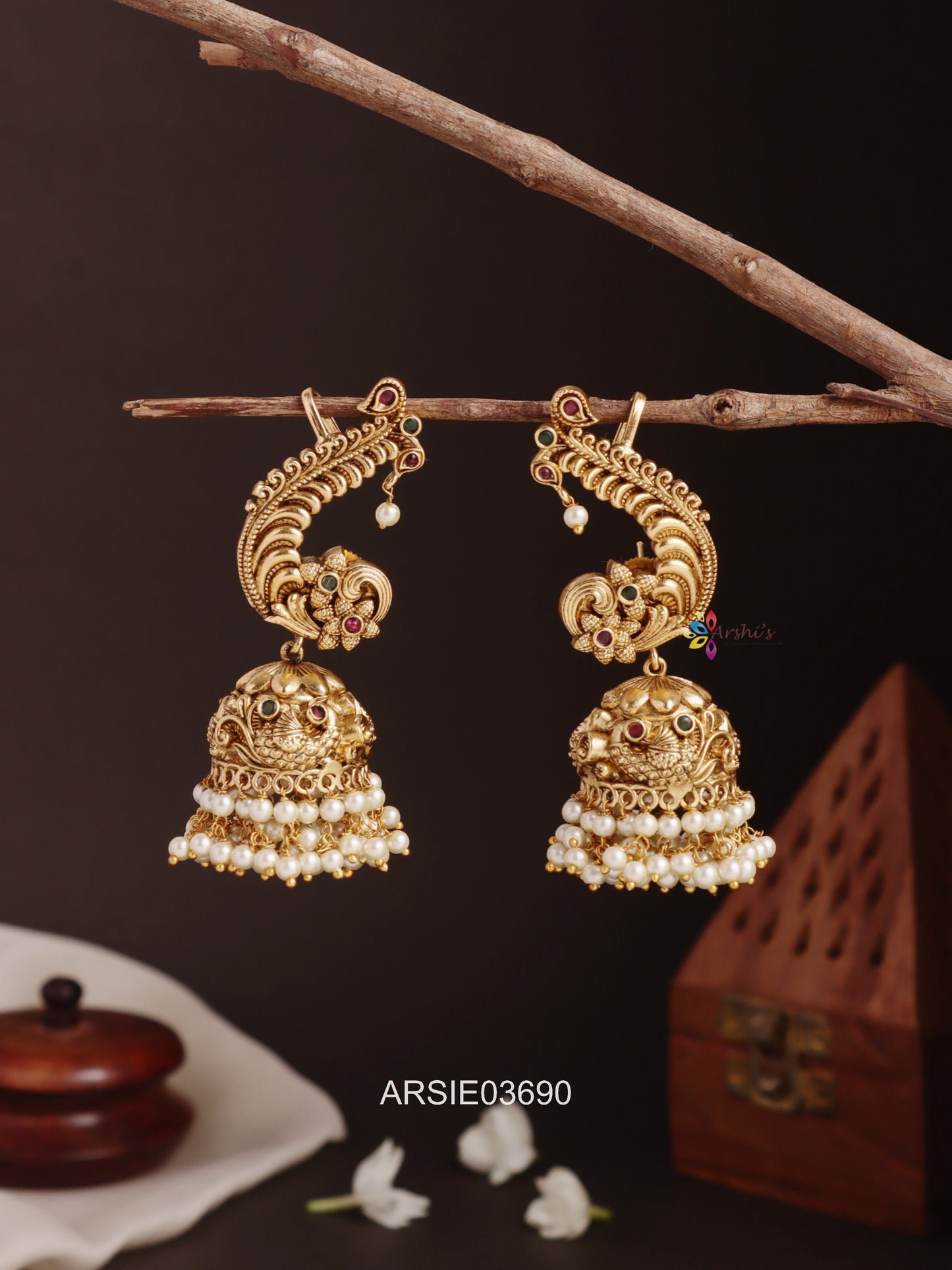 Antique Peacock Pearl Drop Jhumka