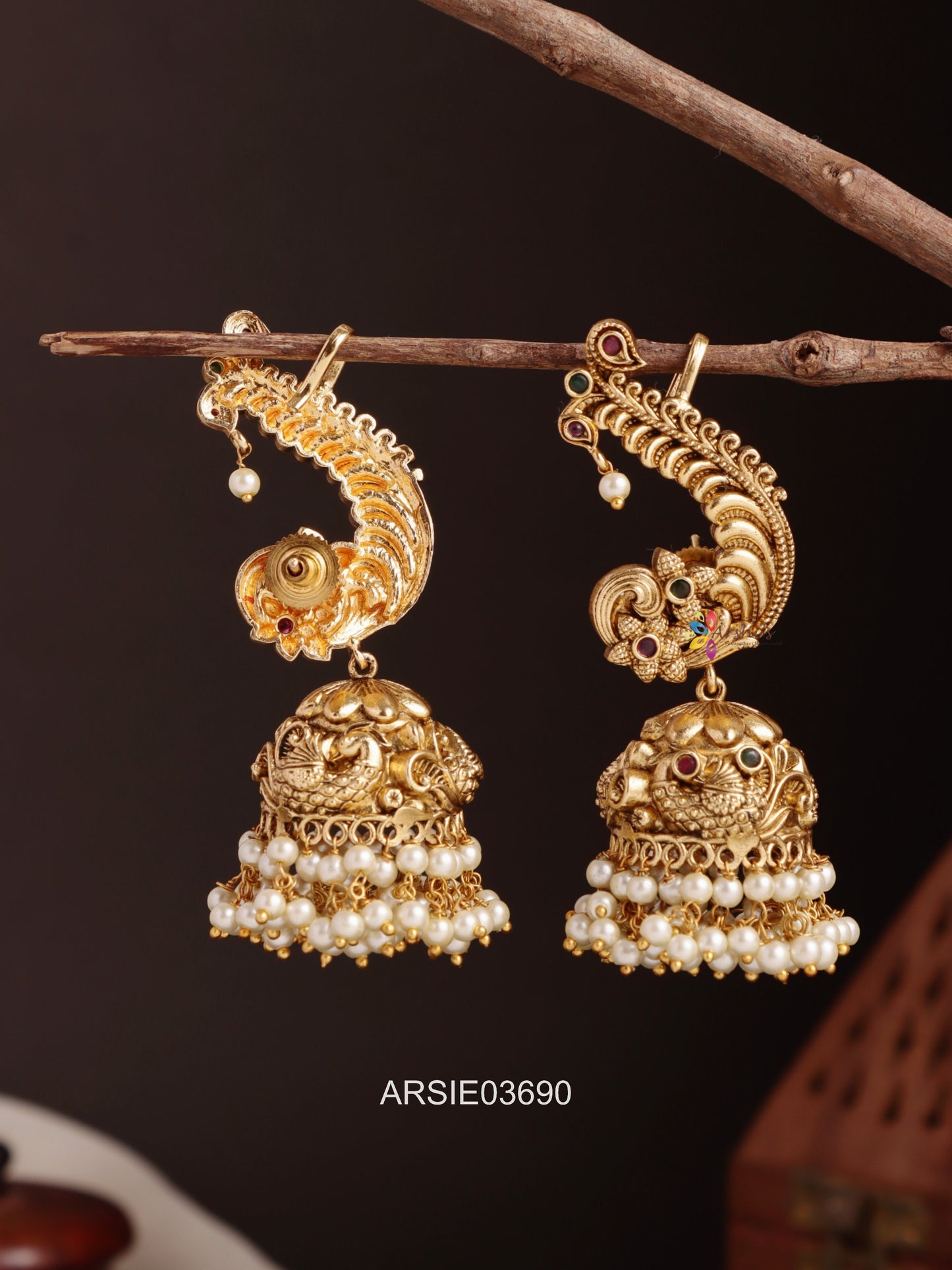 Antique Peacock Pearl Drop Jhumka