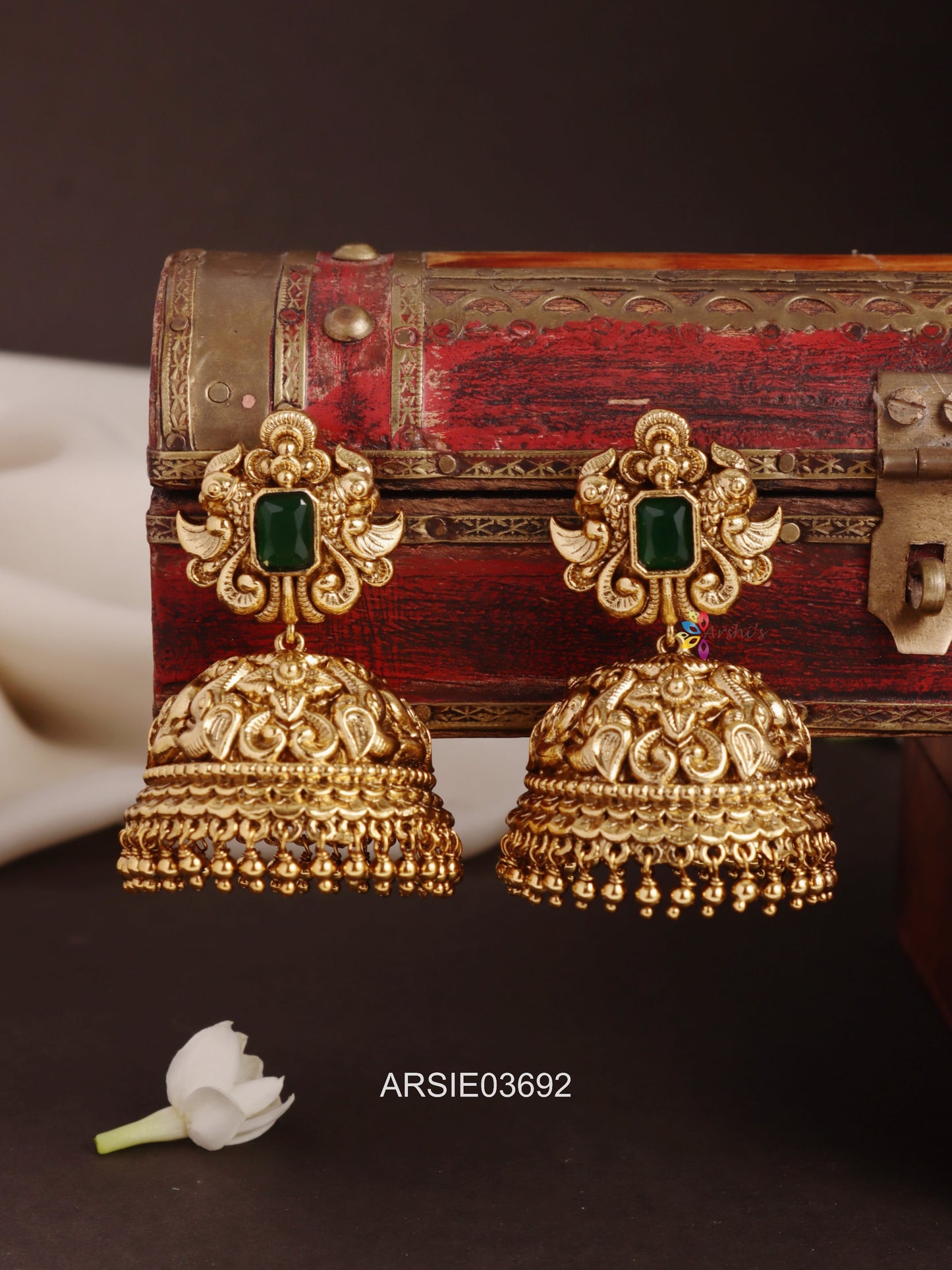 Heavy Bridal Antique Emerald Stone Jhumka