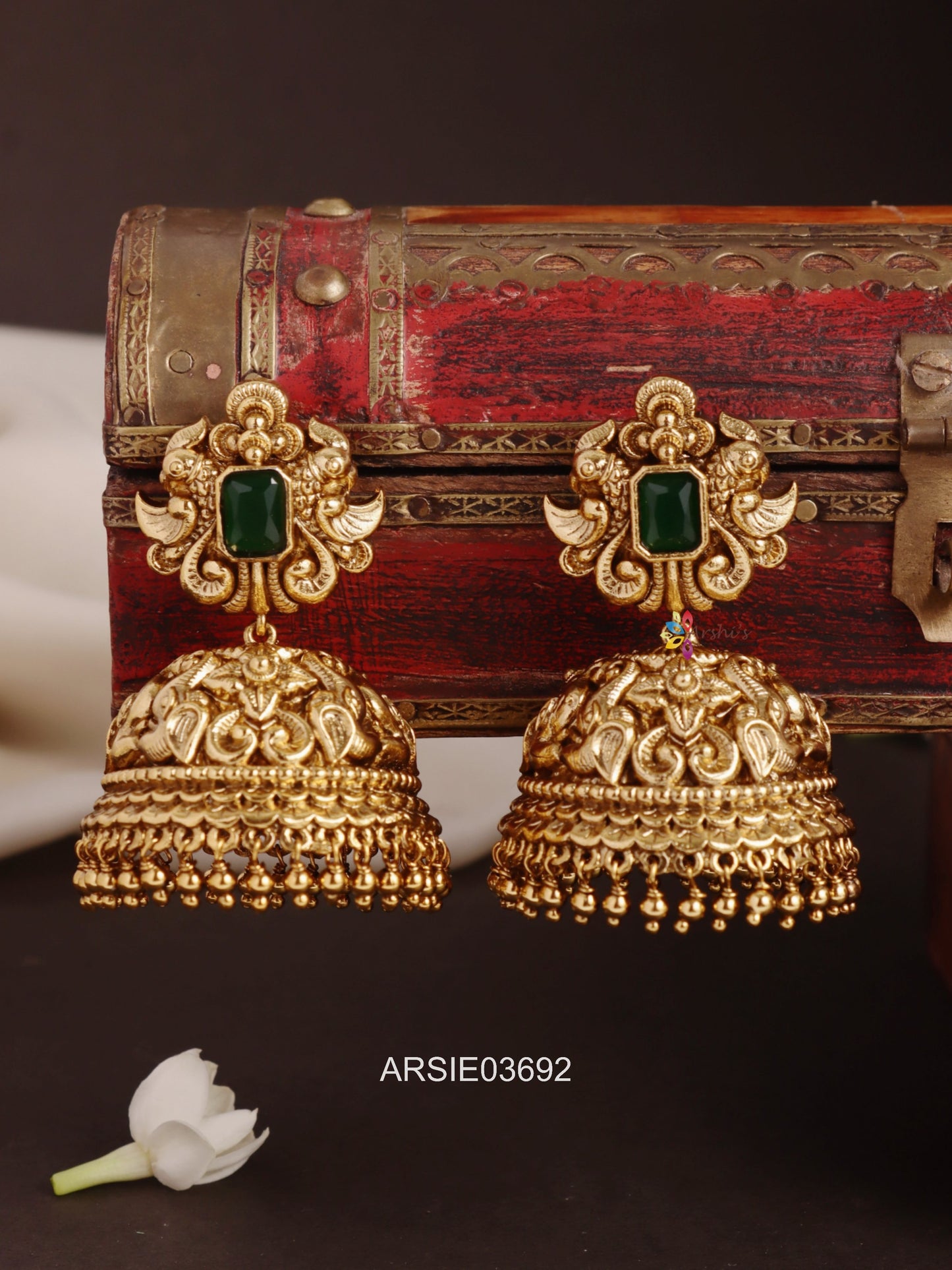 Heavy Bridal Antique Emerald Stone Jhumka