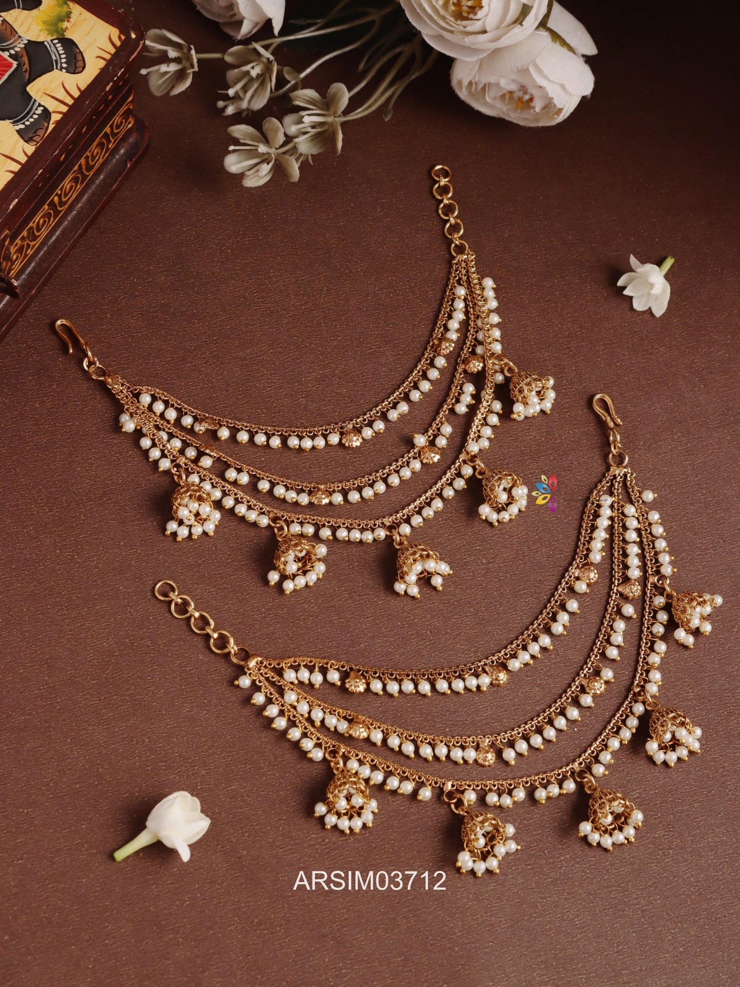 Three Layer Pearl Jhumka Drop Earchains