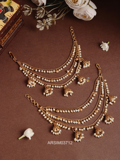 Three Layer Pearl Jhumka Drop Earchains